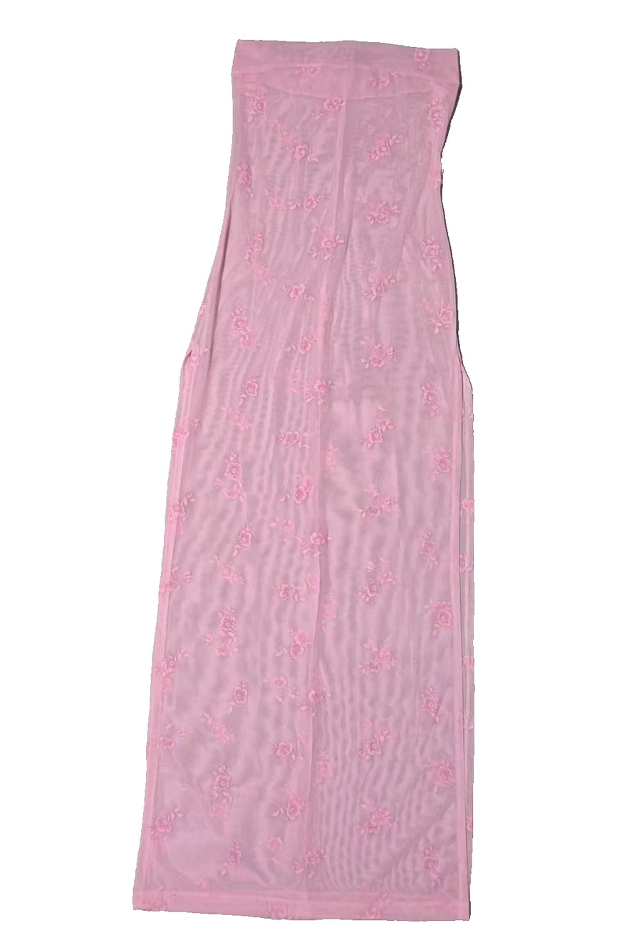 Vintage 90s Body Language Pink Mesh Floral Maxi Skirt Slit Made in USA Medium